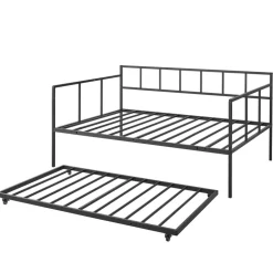 VEVOR Full Size Daybed with Pop Up Trundle Twin Size Metal Day Bed Frame, for Living Room Bedroom Guest Room, Sturdy Metal Design, Space Saving Sofa Bed, 2 Lockable Casters, Easy Assembly, Black