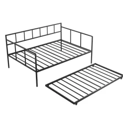 VEVOR Full Size Daybed with Pop Up Trundle Twin Size Metal Day Bed Frame, for Living Room Bedroom Guest Room, Sturdy Metal Design, Space Saving Sofa Bed, 2 Lockable Casters, Easy Assembly, Black