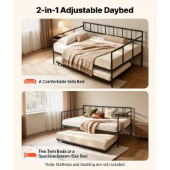 VEVOR Full Size Daybed with Pop Up Trundle Twin Size Metal Day Bed Frame, for Living Room Bedroom Guest Room, Sturdy Metal Design, Space Saving Sofa Bed, 2 Lockable Casters, Easy Assembly, Black