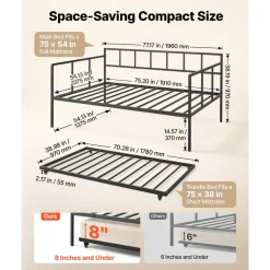 VEVOR Full Size Daybed with Pop Up Trundle Twin Size Metal Day Bed Frame, for Living Room Bedroom Guest Room, Sturdy Metal Design, Space Saving Sofa Bed, 2 Lockable Casters, Easy Assembly, Black