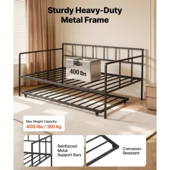 VEVOR Full Size Daybed with Pop Up Trundle Twin Size Metal Day Bed Frame, for Living Room Bedroom Guest Room, Sturdy Metal Design, Space Saving Sofa Bed, 2 Lockable Casters, Easy Assembly, Black