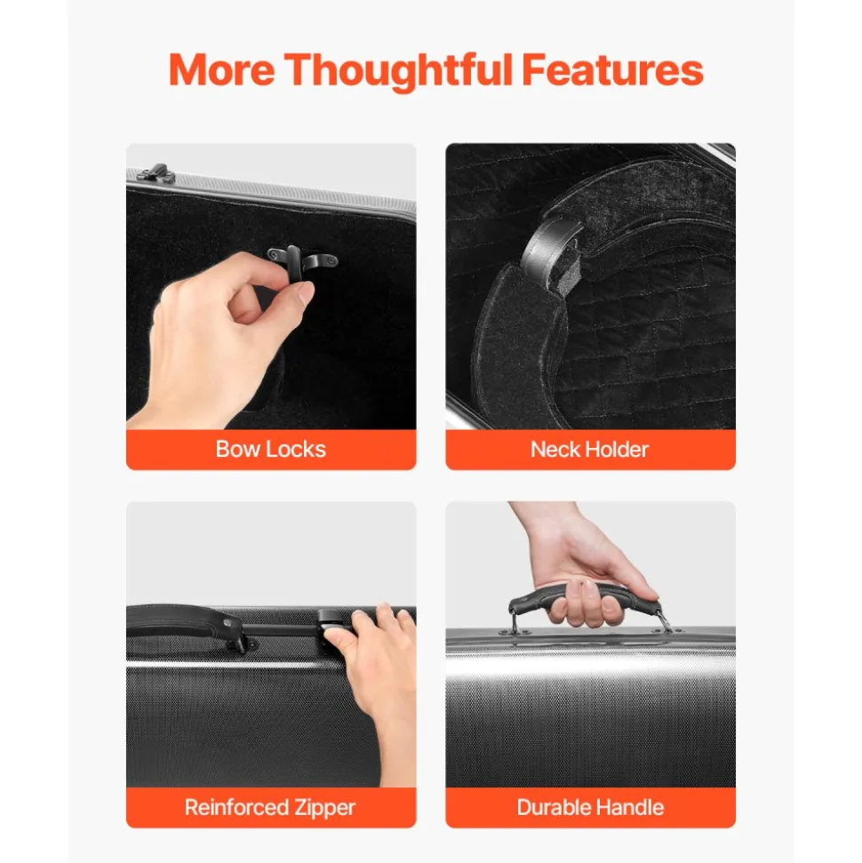VEVOR 4/4 Full Size Violin Case, Built-in Hygrometer, Lightweight Portable Travel Carrying Bag, with Plush Lining, Shoulder Straps, Anti-Scratch, Professional Oblong Shape, for Violin, Black