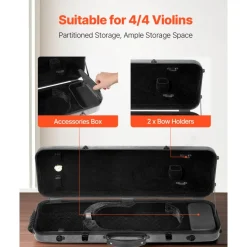 VEVOR 4/4 Full Size Violin Case, Built-in Hygrometer, Lightweight Portable Travel Carrying Bag, with Plush Lining, Shoulder Straps, Anti-Scratch, Professional Oblong Shape, for Violin, Black