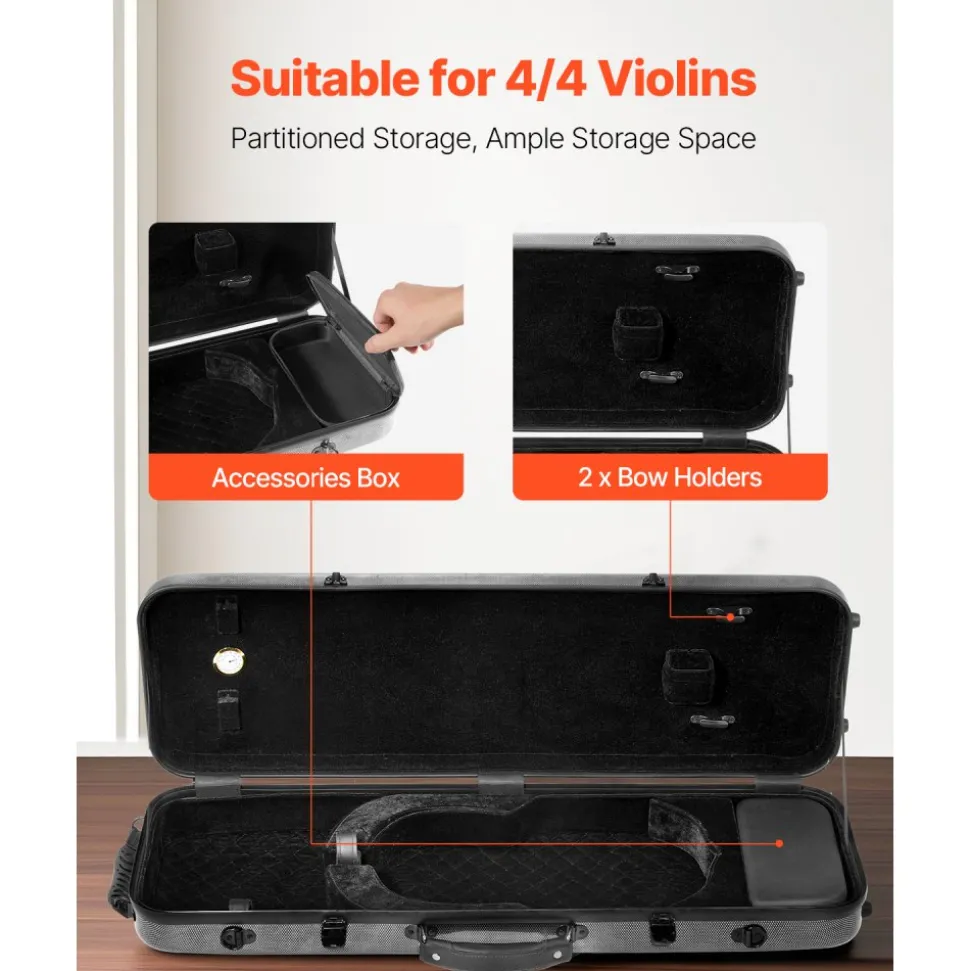 VEVOR 4/4 Full Size Violin Case, Built-in Hygrometer, Lightweight Portable Travel Carrying Bag, with Plush Lining, Shoulder Straps, Anti-Scratch, Professional Oblong Shape, for Violin, Black