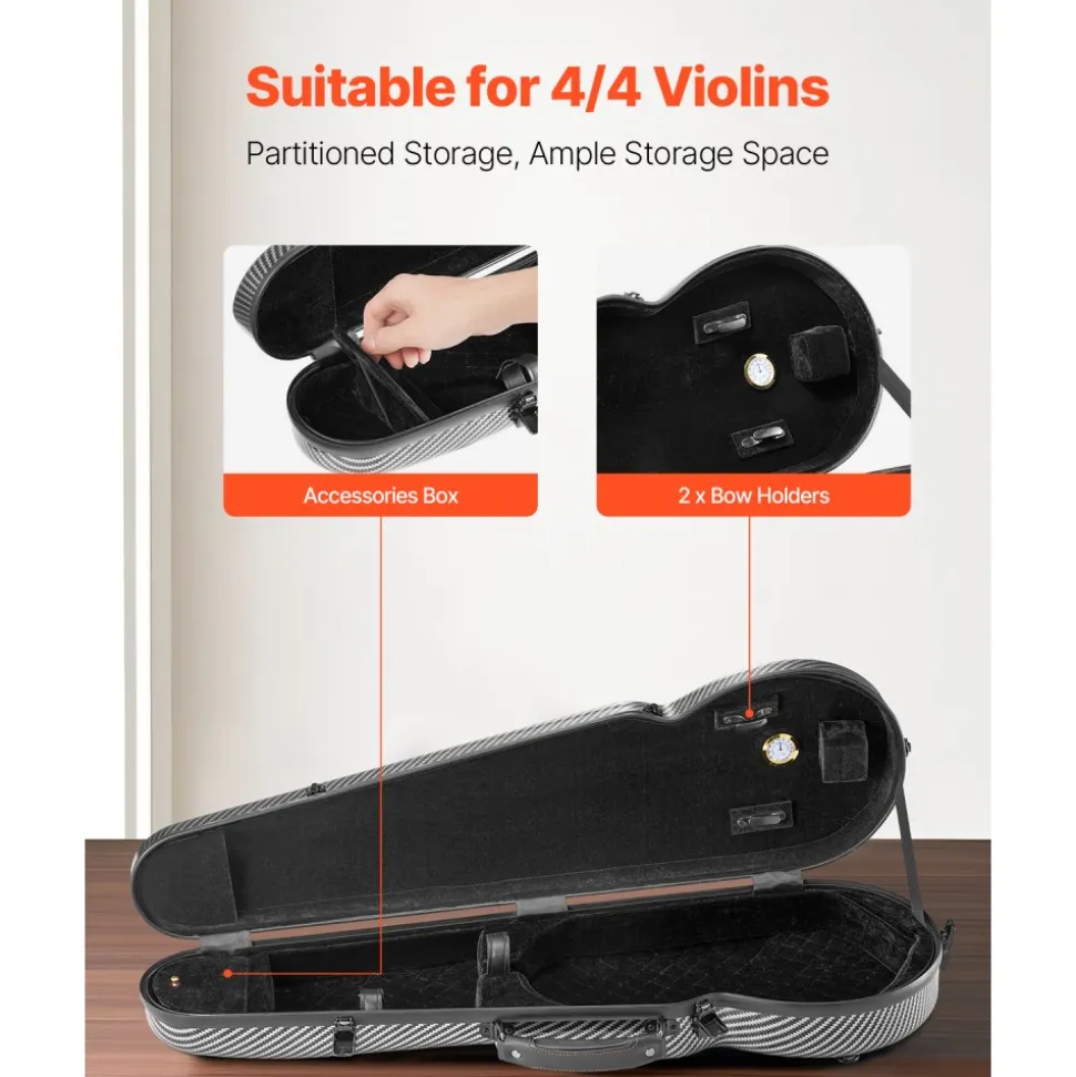 VEVOR 4/4 Full Size Violin Case, Built-in Hygrometer, Lightweight Portable Travel Carrying Bag, with Plush Lining, Dual Shoulder Straps, Anti-Scratch, Professional Triangular Shape, for Violin, Black