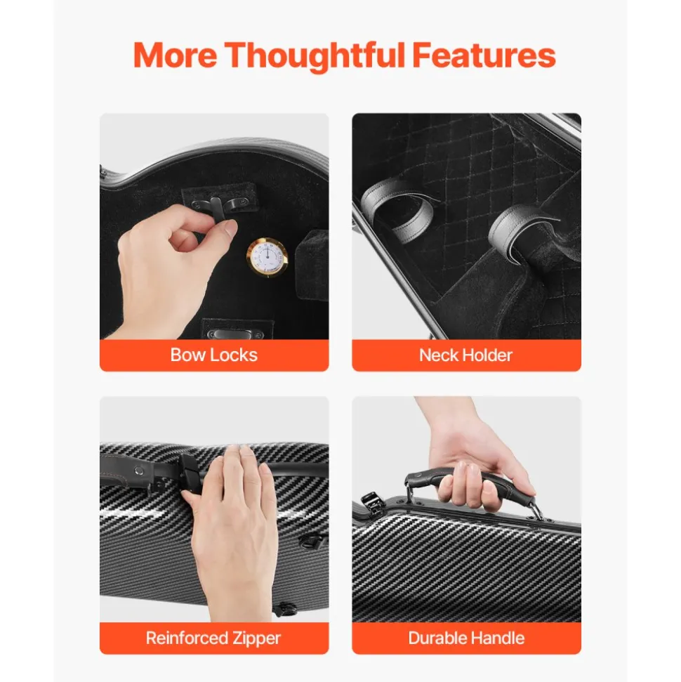 VEVOR 4/4 Full Size Violin Case, Built-in Hygrometer, Lightweight Portable Travel Carrying Bag, with Plush Lining, Dual Shoulder Straps, Anti-Scratch, Professional Triangular Shape, for Violin, Black