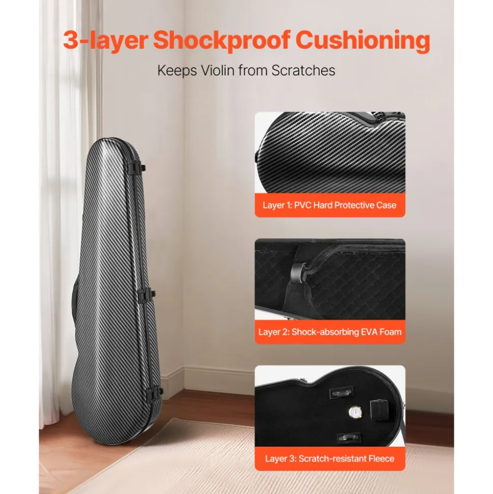 VEVOR 4/4 Full Size Violin Case, Built-in Hygrometer, Lightweight Portable Travel Carrying Bag, with Plush Lining, Dual Shoulder Straps, Anti-Scratch, Professional Triangular Shape, for Violin, Black