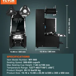 VEVOR Fully Automatic Cup Sealing Machine, 500-650 Cups/H, Cup Sealer Machine for 190 mm Tall & 90/95 mm Cup, Electric Tea Sealer with Digital Control LCD Panel for Bubble Milk Tea Coffee, Black
