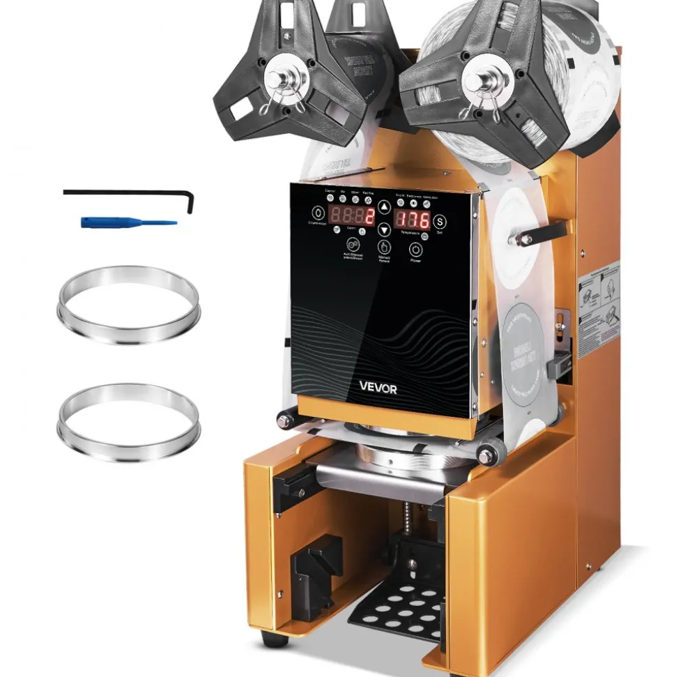 VEVOR Fully Automatic Cup Sealing Machine, 500-650 Cups/H, Cup Sealer Machine for 190 mm Tall & 90/95 mm Cup, Electric Tea Sealer with Digital Control LCD Panel for Bubble Milk Tea Coffee, Gold