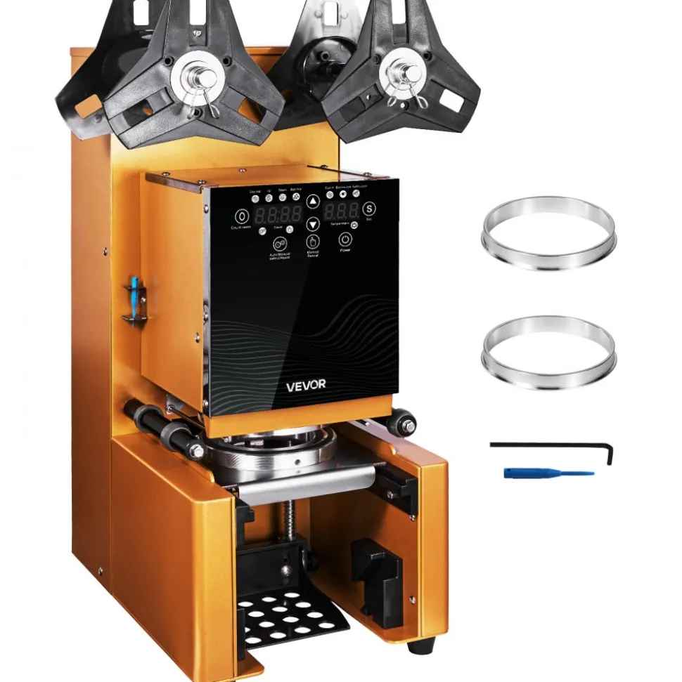 VEVOR Fully Automatic Cup Sealing Machine, 500-650 Cups/H, Cup Sealer Machine for 190 mm Tall & 90/95 mm Cup, Electric Tea Sealer with Digital Control LCD Panel for Bubble Milk Tea Coffee, Gold