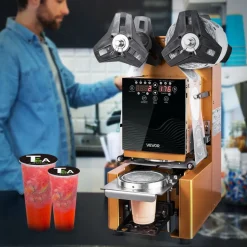VEVOR Fully Automatic Cup Sealing Machine, 500-650 Cups/H, Cup Sealer Machine for 190 mm Tall & 90/95 mm Cup, Electric Tea Sealer with Digital Control LCD Panel for Bubble Milk Tea Coffee, Gold