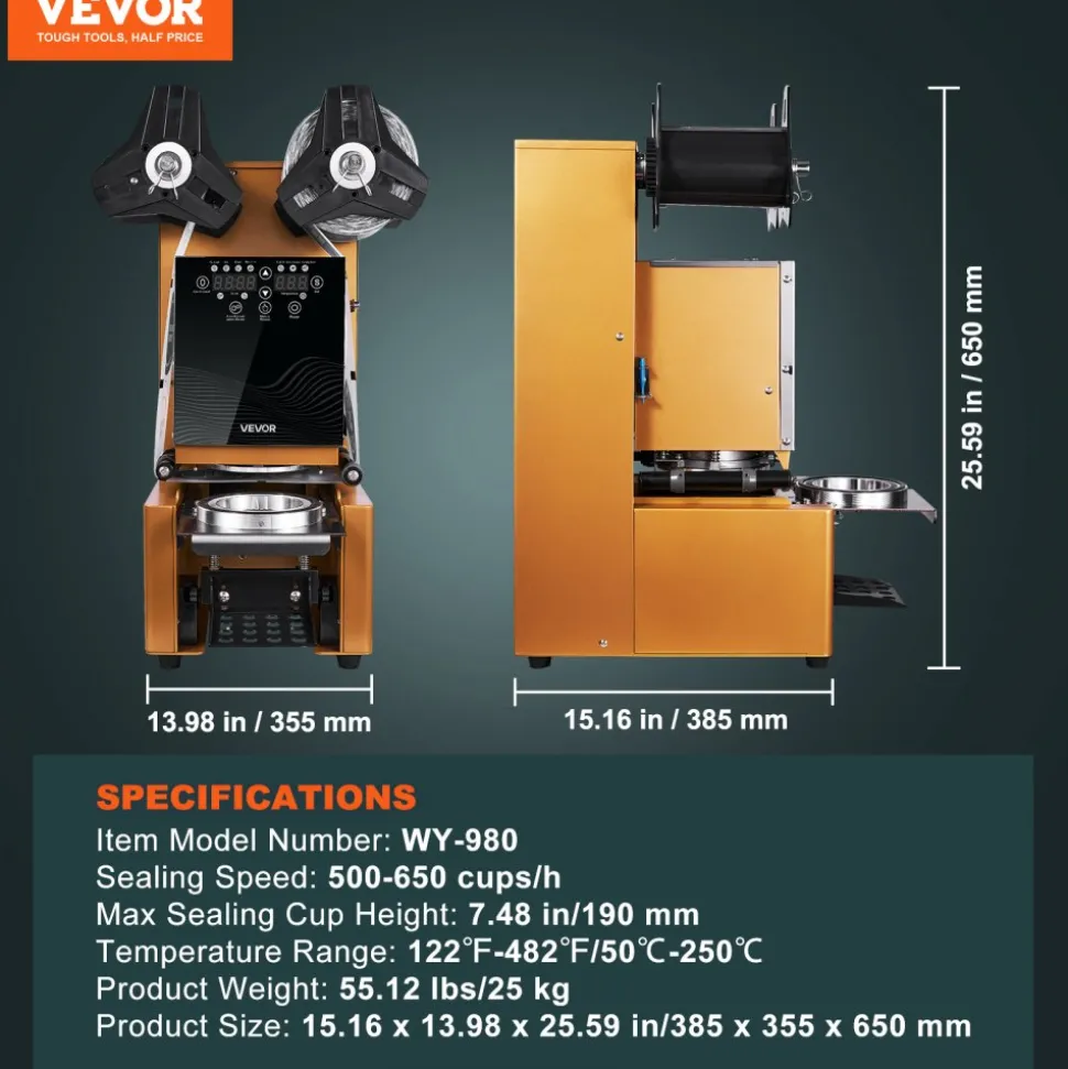 VEVOR Fully Automatic Cup Sealing Machine, 500-650 Cups/H, Cup Sealer Machine for 190 mm Tall & 90/95 mm Cup, Electric Tea Sealer with Digital Control LCD Panel for Bubble Milk Tea Coffee, Gold
