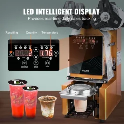 VEVOR Fully Automatic Cup Sealing Machine, 500-650 Cups/H, Cup Sealer Machine for 190 mm Tall & 90/95 mm Cup, Electric Tea Sealer with Digital Control LCD Panel for Bubble Milk Tea Coffee, Gold
