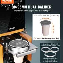 VEVOR Fully Automatic Cup Sealing Machine, 500-650 Cups/H, Cup Sealer Machine for 190 mm Tall & 90/95 mm Cup, Electric Tea Sealer with Digital Control LCD Panel for Bubble Milk Tea Coffee, Gold