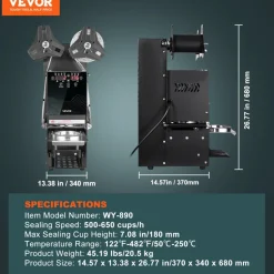 VEVOR Fully Automatic Cup Sealing Machine, 500-650 Cups/H, Cup Sealer Machine for 180 mm Tall & 90/95 mm Cup, Electric Tea Sealer with Digital Control LCD Panel for Bubble Milk Tea Coffee, Black