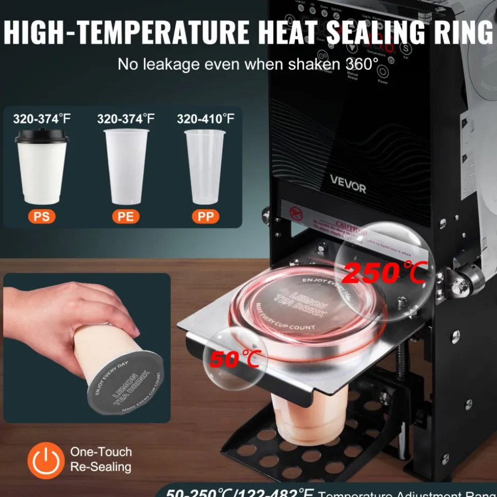 VEVOR Fully Automatic Cup Sealing Machine, 500-650 Cups/H, Cup Sealer Machine for 180 mm Tall & 90/95 mm Cup, Electric Tea Sealer with Digital Control LCD Panel for Bubble Milk Tea Coffee, Black
