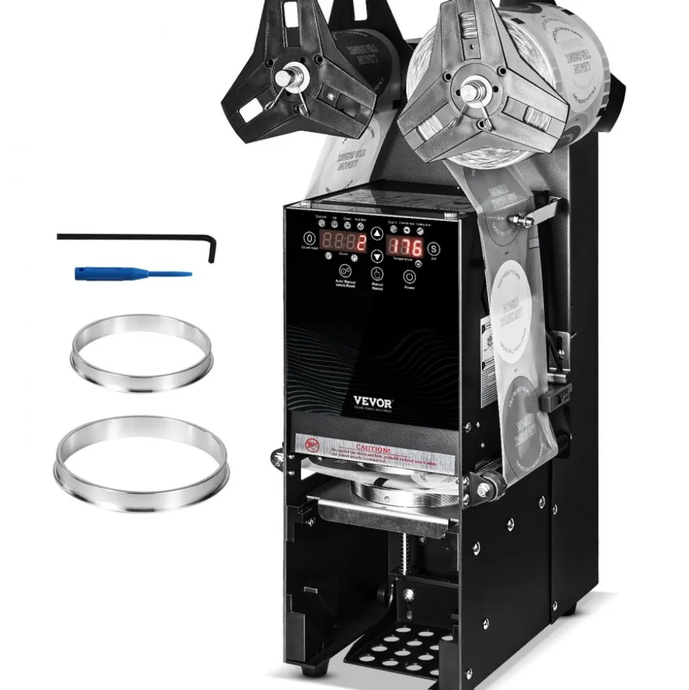 VEVOR Fully Automatic Cup Sealing Machine, 500-650 Cups/H, Cup Sealer Machine for 180 mm Tall & 90/95 mm Cup, Electric Tea Sealer with Digital Control LCD Panel for Bubble Milk Tea Coffee, Black