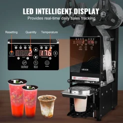VEVOR Fully Automatic Cup Sealing Machine, 500-650 Cups/H, Cup Sealer Machine for 180 mm Tall & 90/95 mm Cup, Electric Tea Sealer with Digital Control LCD Panel for Bubble Milk Tea Coffee, Black