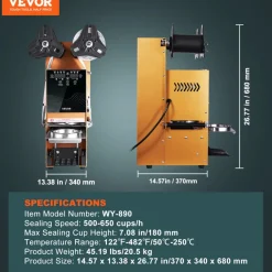 VEVOR Fully Automatic Cup Sealing Machine, 500-650 Cups/H, Cup Sealer Machine for 180 mm Tall & 90/95 mm Cup, Electric Boba Tea Sealer with Digital Control LCD Panel for Bubble Milk Tea Coffee, Gold