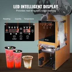 VEVOR Fully Automatic Cup Sealing Machine, 500-650 Cups/H, Cup Sealer Machine for 180 mm Tall & 90/95 mm Cup, Electric Boba Tea Sealer with Digital Control LCD Panel for Bubble Milk Tea Coffee, Gold