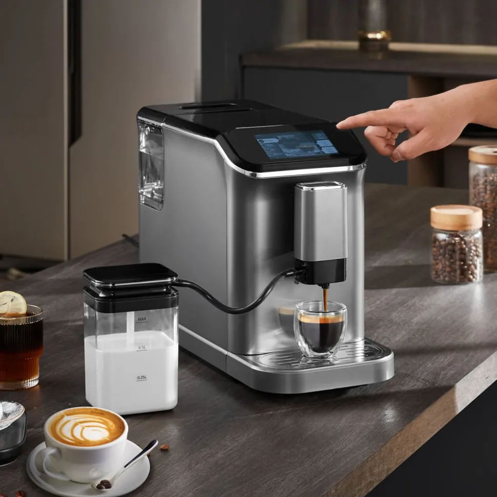 VEVOR Fully Automatic Espresso Machine - with Automatic Milk Frother, 20 Bar Super-Automatic Cappuccino Latte Machine with TFT Touch Screen, Grinder, 15 Grinding Levels, and Removable Milk Reservoir