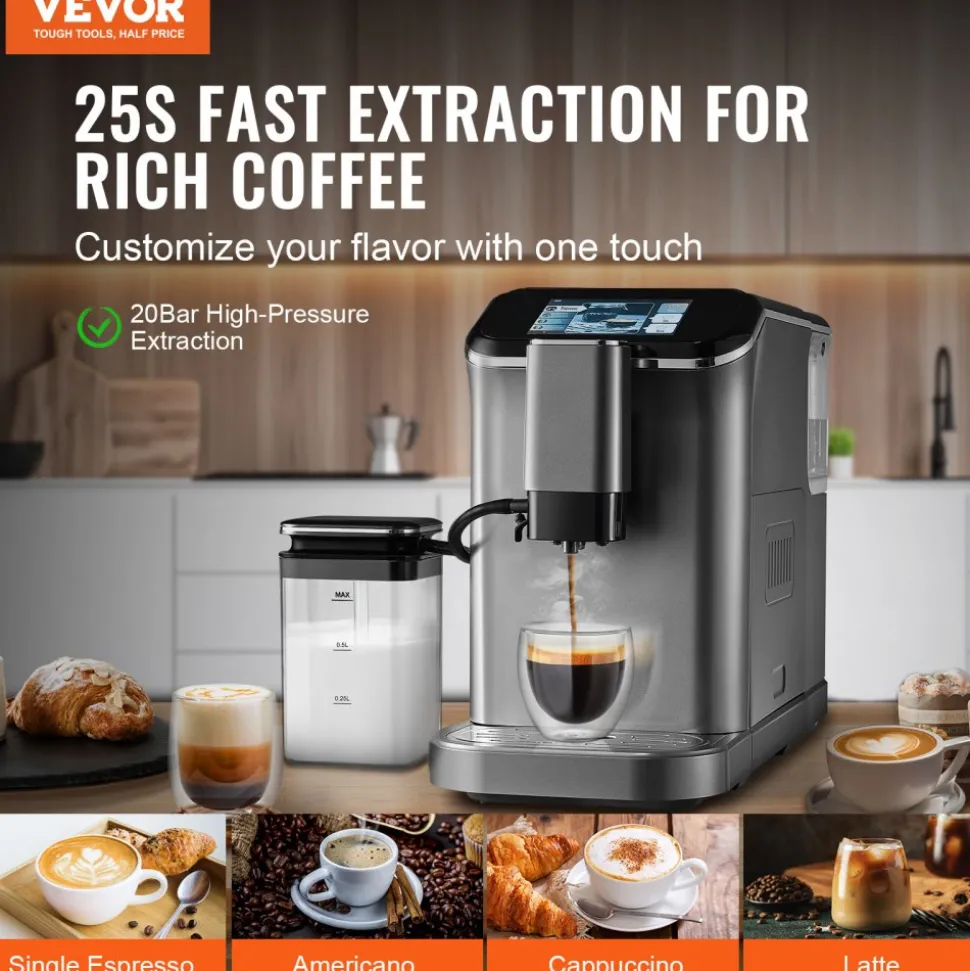 VEVOR Fully Automatic Espresso Machine - with Automatic Milk Frother, 20 Bar Super-Automatic Cappuccino Latte Machine with TFT Touch Screen, Grinder, 15 Grinding Levels, and Removable Milk Reservoir