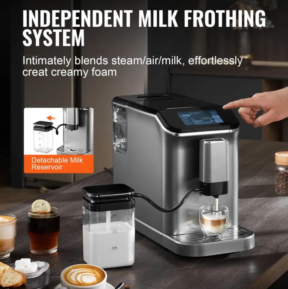 VEVOR Fully Automatic Espresso Machine - with Automatic Milk Frother, 20 Bar Super-Automatic Cappuccino Latte Machine with TFT Touch Screen, Grinder, 15 Grinding Levels, and Removable Milk Reservoir