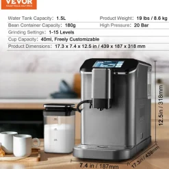 VEVOR Fully Automatic Espresso Machine - with Automatic Milk Frother, 20 Bar Super-Automatic Cappuccino Latte Machine with TFT Touch Screen, Grinder, 15 Grinding Levels, and Removable Milk Reservoir