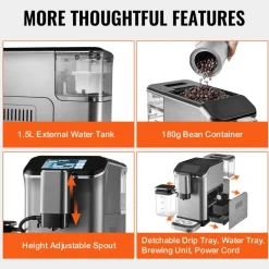 VEVOR Fully Automatic Espresso Machine - with Automatic Milk Frother, 20 Bar Super-Automatic Cappuccino Latte Machine with TFT Touch Screen, Grinder, 15 Grinding Levels, and Removable Milk Reservoir