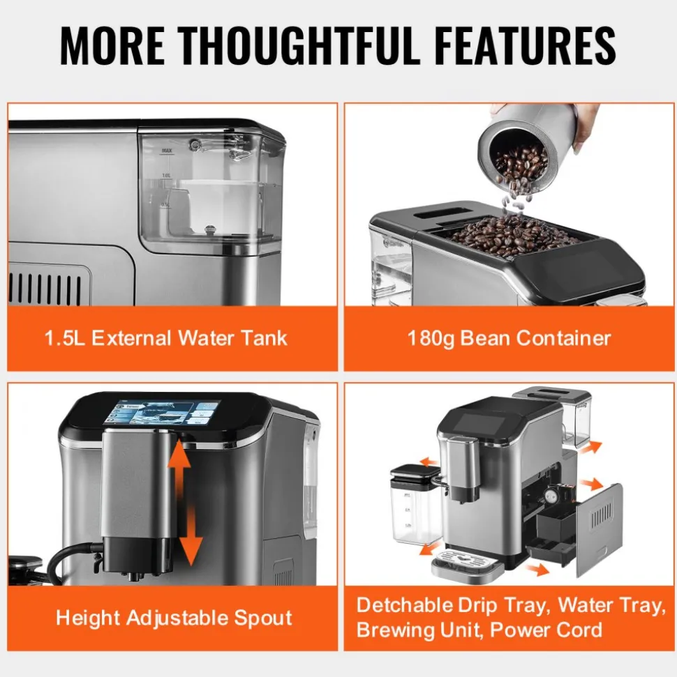 VEVOR Fully Automatic Espresso Machine - with Automatic Milk Frother, 20 Bar Super-Automatic Cappuccino Latte Machine with TFT Touch Screen, Grinder, 15 Grinding Levels, and Removable Milk Reservoir