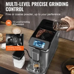 VEVOR Fully Automatic Espresso Machine - with Automatic Milk Frother, 20 Bar Super-Automatic Cappuccino Latte Machine with TFT Touch Screen, Grinder, 15 Grinding Levels, and Removable Milk Reservoir
