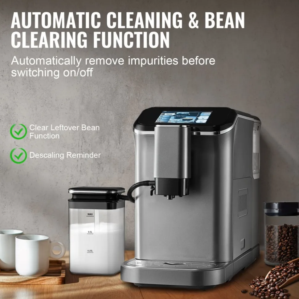 VEVOR Fully Automatic Espresso Machine - with Automatic Milk Frother, 20 Bar Super-Automatic Cappuccino Latte Machine with TFT Touch Screen, Grinder, 15 Grinding Levels, and Removable Milk Reservoir