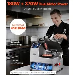 VEVOR Fully Automatic Meat Slicer, 180W + 370W Commercial Food-Slicer with 10" Carbon Steel Blade, Built-In Sharpener & 0-0.3" Adjustable Thickness for Frozen Meat, Ham, Baguett, Steak