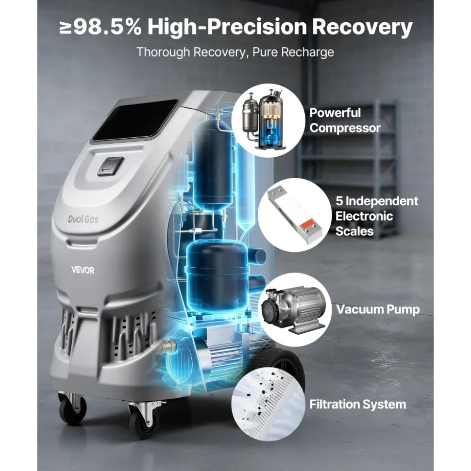 VEVOR Fully Automatic Refrigerant Recovery Machine for R134a & 1234fy, ≥98.5% Accuracy, 10-Inch Touch Screen, AC Recovery, Vacuum, and Recharging for Standard and High Voltage Automotive A/C Systems
