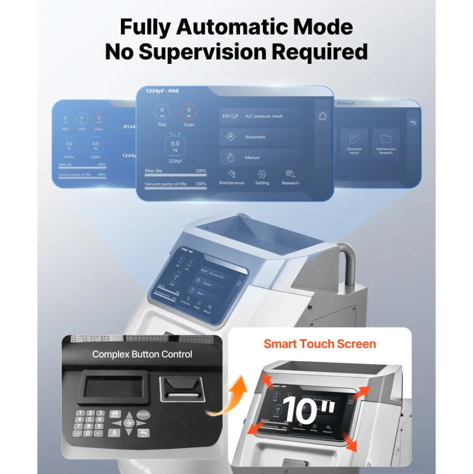 VEVOR Fully Automatic Refrigerant Recovery Machine for R134a & 1234fy, ≥98.5% Accuracy, 10-Inch Touch Screen, AC Recovery, Vacuum, and Recharging for Standard and High Voltage Automotive A/C Systems