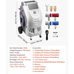 VEVOR Fully Automatic Refrigerant Recovery Machine for R134a & 1234fy, ≥98.5% Accuracy, 10-Inch Touch Screen, AC Recovery, Vacuum, and Recharging for Standard and High Voltage Automotive A/C Systems