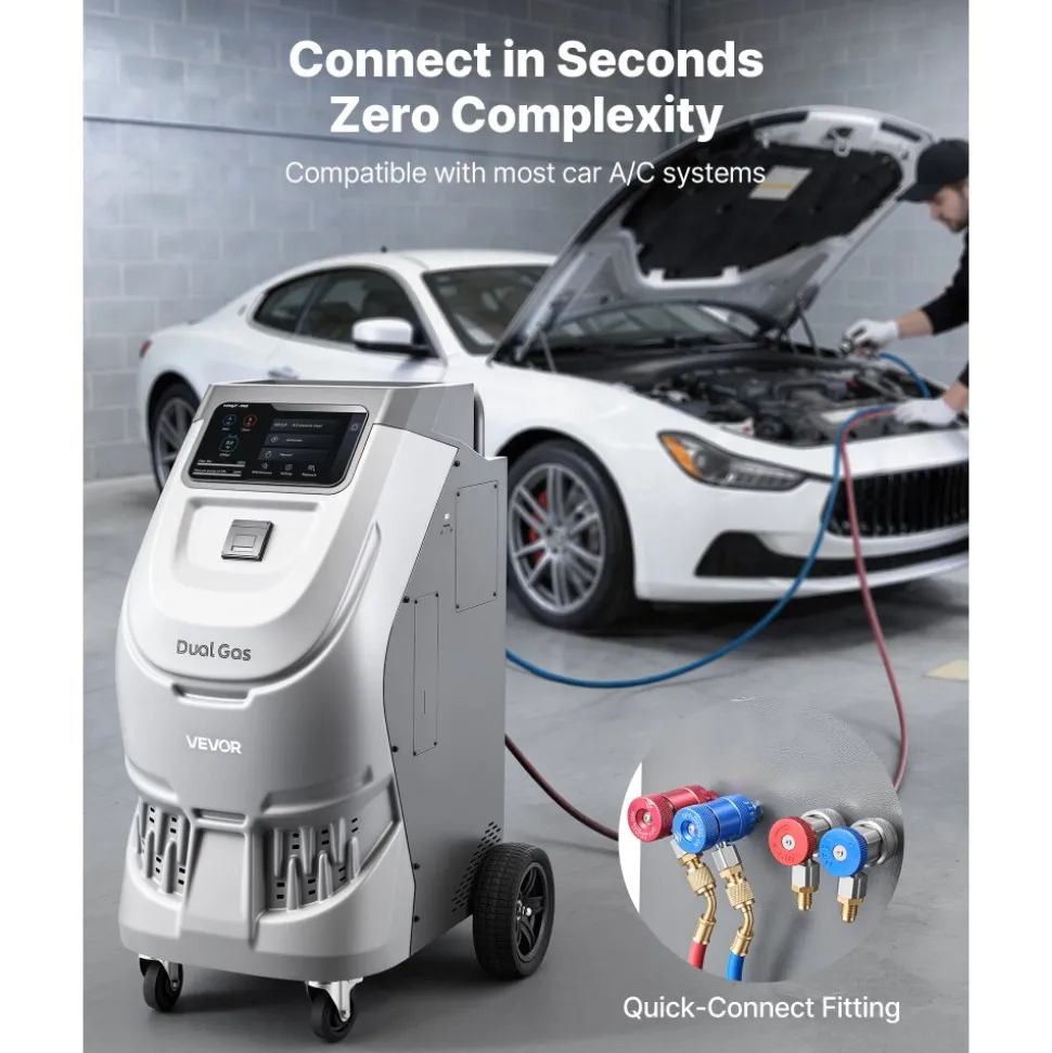 VEVOR Fully Automatic Refrigerant Recovery Machine for R134a & 1234fy, ≥98.5% Accuracy, 10-Inch Touch Screen, AC Recovery, Vacuum, and Recharging for Standard and High Voltage Automotive A/C Systems
