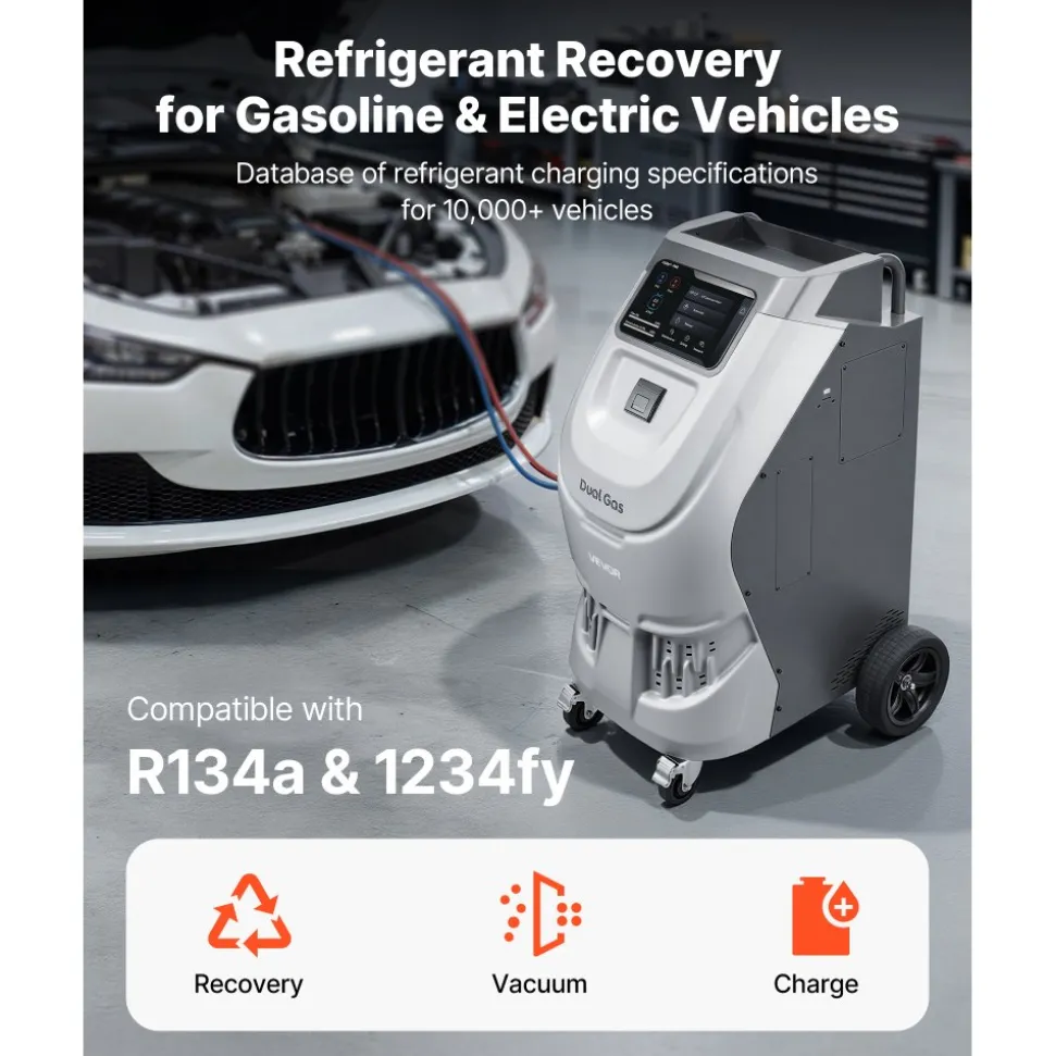 VEVOR Fully Automatic Refrigerant Recovery Machine for R134a & 1234fy, ≥98.5% Accuracy, 10-Inch Touch Screen, AC Recovery, Vacuum, and Recharging for Standard and High Voltage Automotive A/C Systems