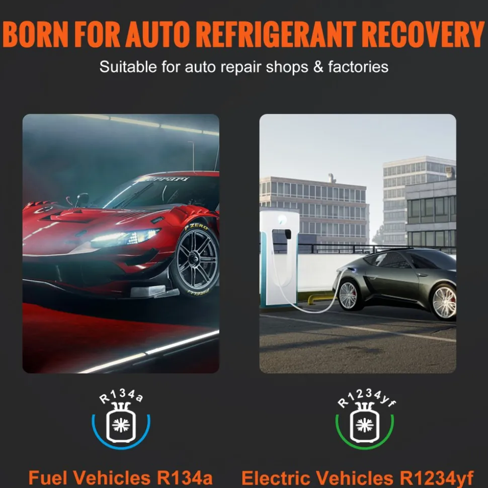 VEVOR Fully Automatic Refrigerant Recovery Machine for 1234yf, ≥98.5% Accuracy, 7-Inch Touch Screen, AC Recovery, Vacuum, and Recharging Machine for Standard and High Voltage Automotive A/C Systems