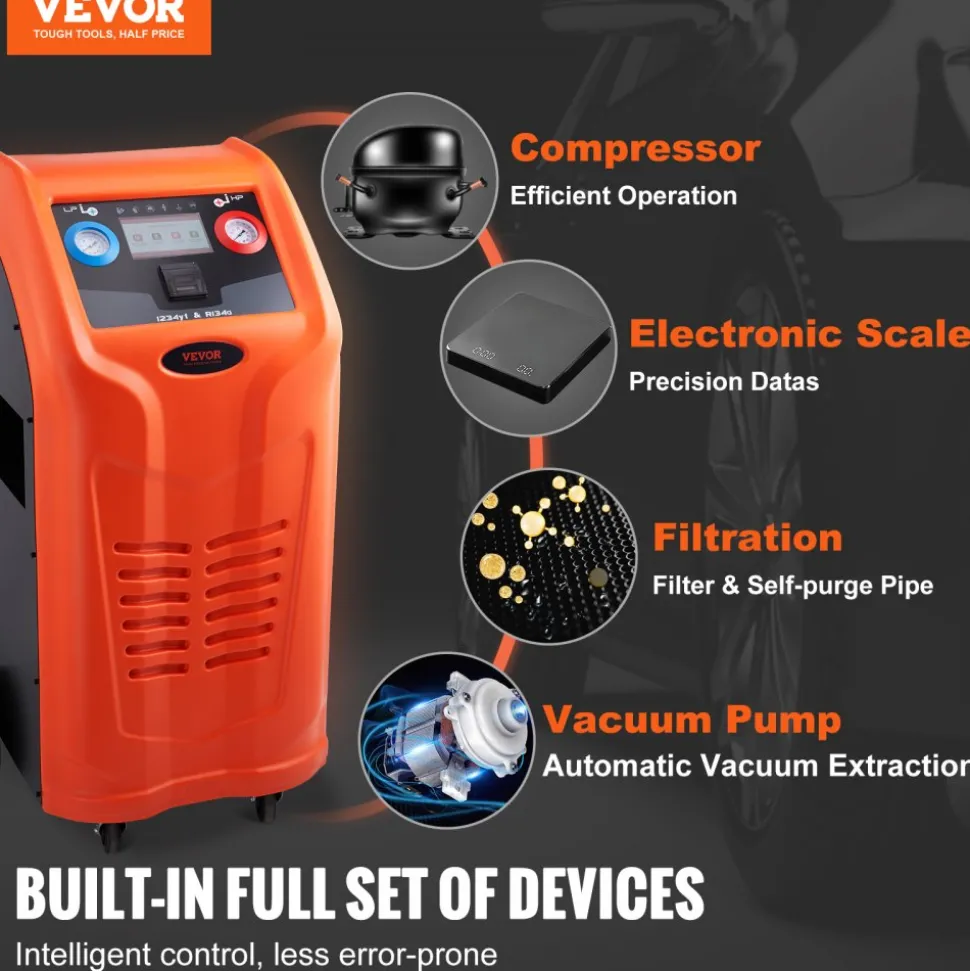 VEVOR Fully Automatic Refrigerant Recovery Machine for 1234yf, ≥98.5% Accuracy, 7-Inch Touch Screen, AC Recovery, Vacuum, and Recharging Machine for Standard and High Voltage Automotive A/C Systems