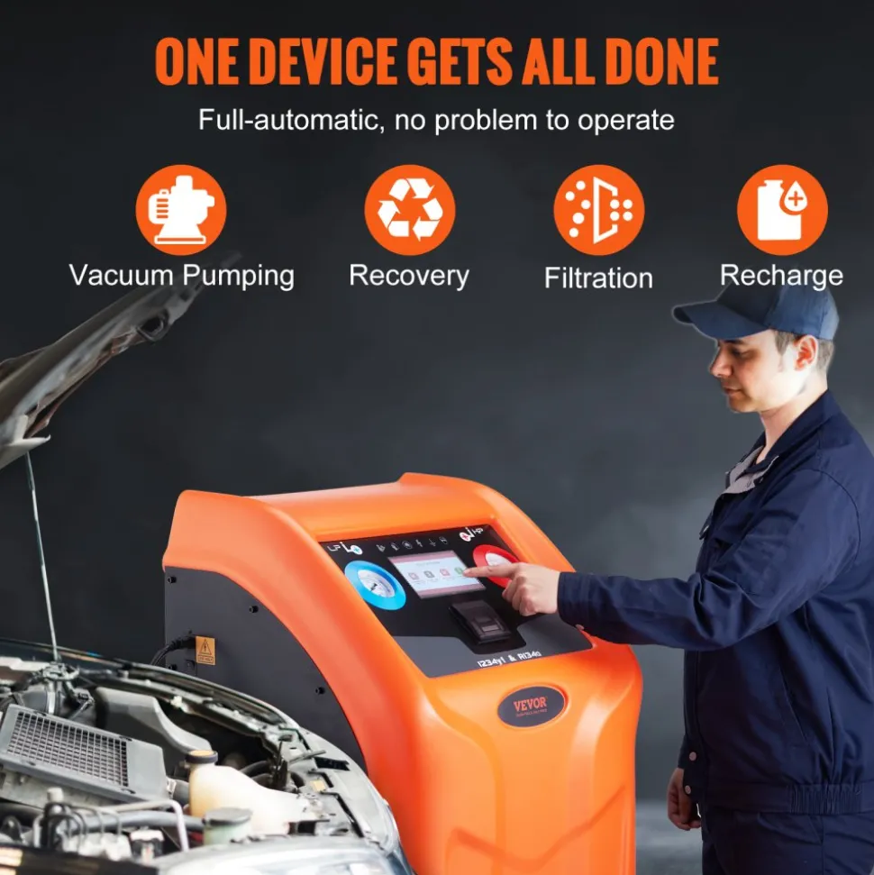 VEVOR Fully Automatic Refrigerant Recovery Machine for 1234yf, ≥98.5% Accuracy, 7-Inch Touch Screen, AC Recovery, Vacuum, and Recharging Machine for Standard and High Voltage Automotive A/C Systems