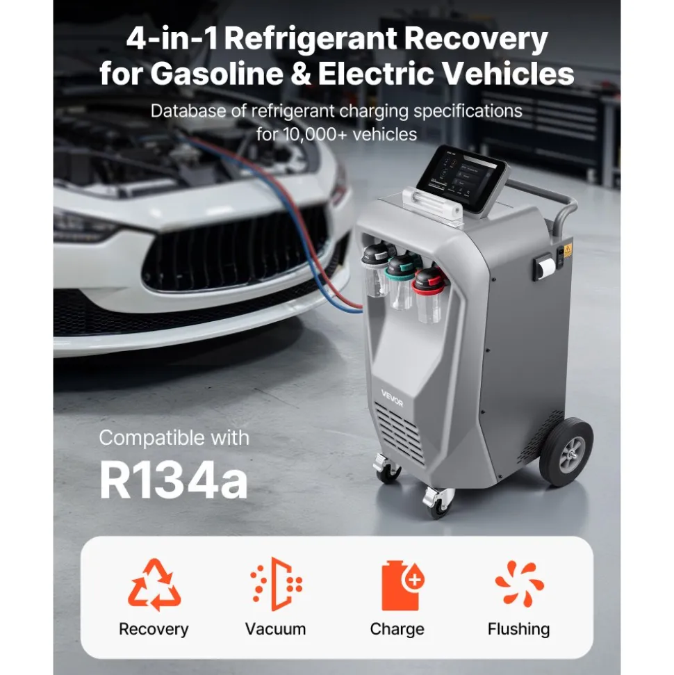 VEVOR Fully Automatic Refrigerant Recovery Machine for R134a, ≥98.5% Accuracy, 10.1-Inch Touch Screen, AC Recovery, Vacuum, Recharging and Flushing for Standard & High Voltage Automotive A/C Systems
