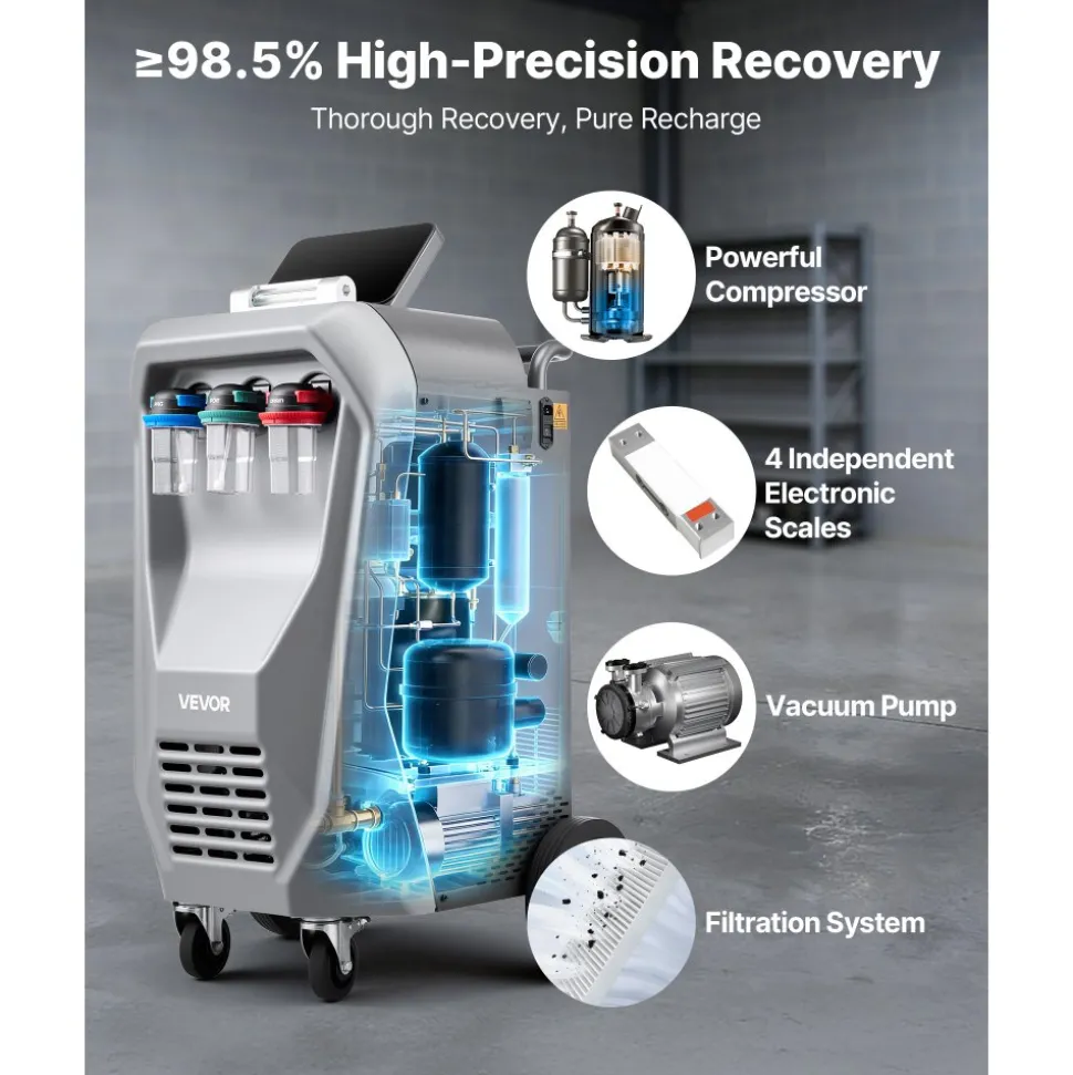 VEVOR Fully Automatic Refrigerant Recovery Machine for R134a, ≥98.5% Accuracy, 10.1-Inch Touch Screen, AC Recovery, Vacuum, Recharging and Flushing for Standard & High Voltage Automotive A/C Systems