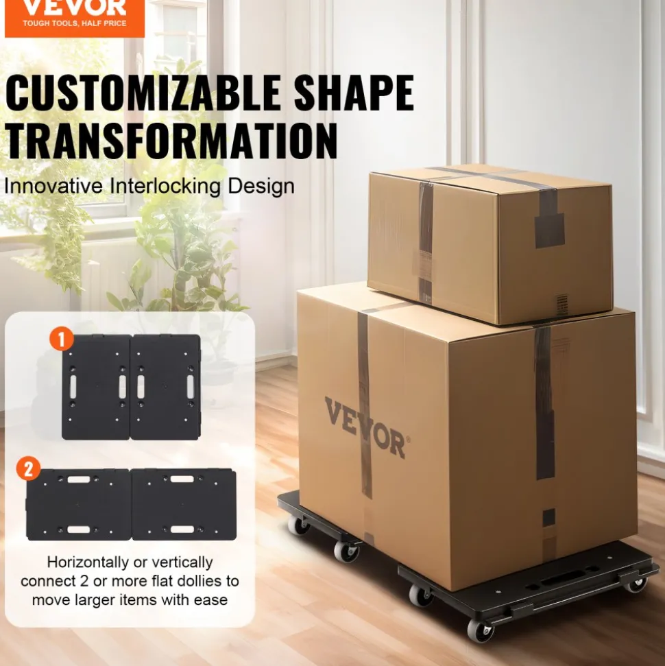 VEVOR Furniture Dolly, 500 lbs Capacity Each Count, Furniture Mover with Wheels, Portable Moving Rollers 4 Wheels Heavy Duty, Small Flat Dolly Cart with Interlocking for Heavy Furniture, 2 Pack, Black