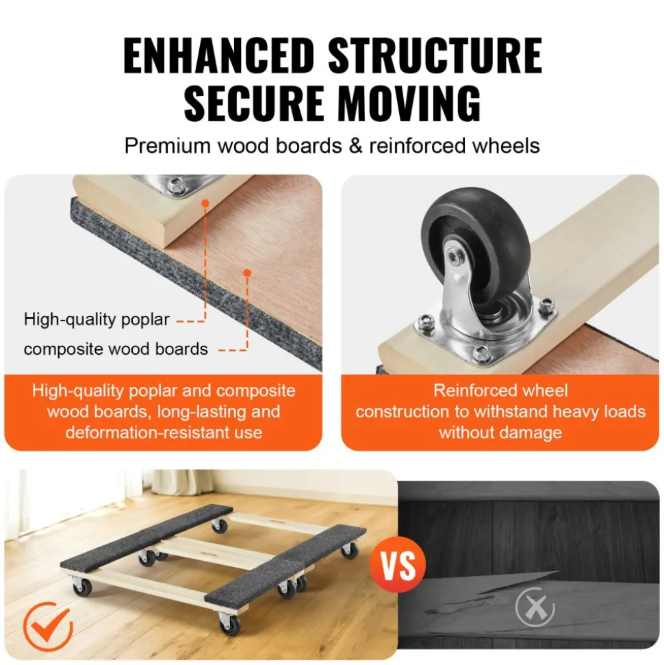 VEVOR Furniture Dolly, 1000 lbs Each Load Capacity, 2 Packs, 18" x 30", 8 x 3" PP Swivel Casters, Heavy Duty Hardwood Furniture Moving Dolly, Mover's Dolly, Moving Cart with Wheels for Heavy Furniture