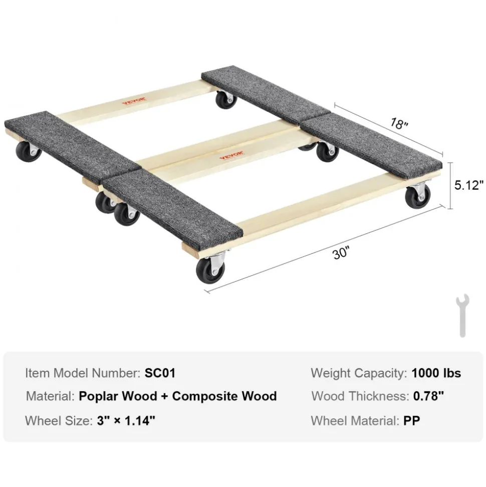 VEVOR Furniture Dolly, 1000 lbs Each Load Capacity, 2 Packs, 18" x 30", 8 x 3" PP Swivel Casters, Heavy Duty Hardwood Furniture Moving Dolly, Mover's Dolly, Moving Cart with Wheels for Heavy Furniture