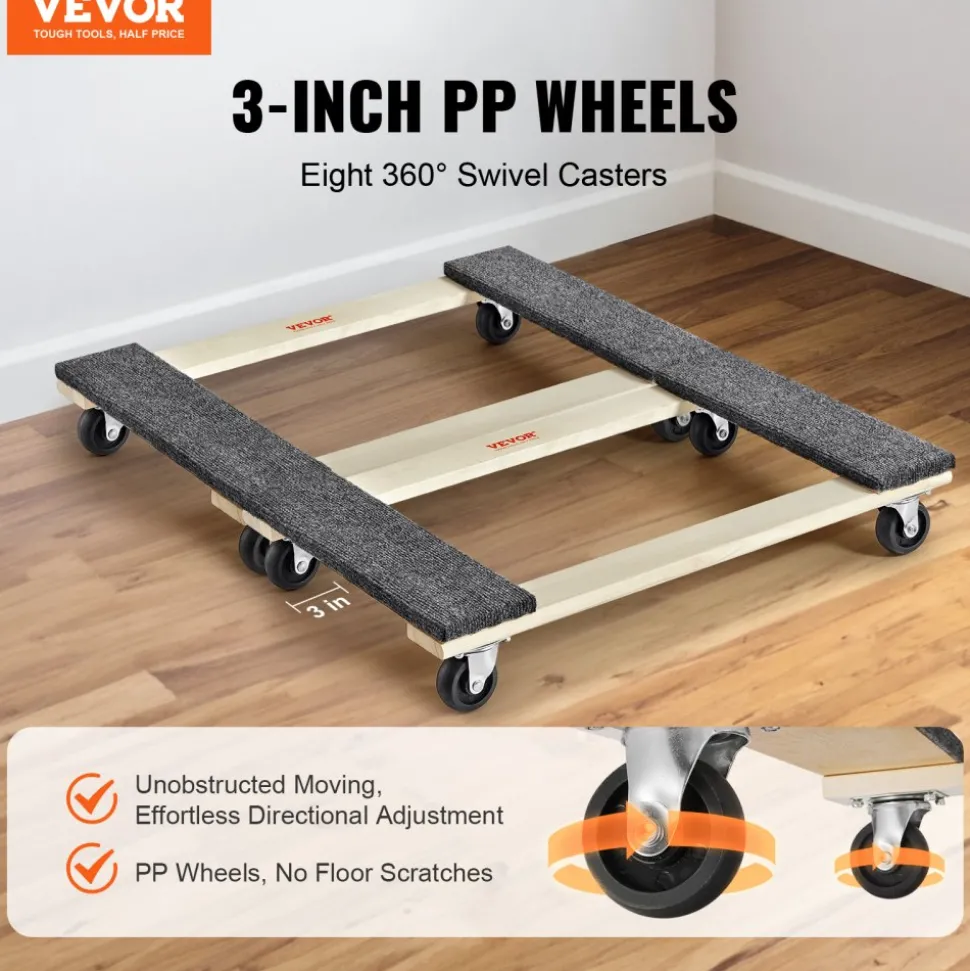 VEVOR Furniture Dolly, 1000 lbs Each Load Capacity, 2 Packs, 18" x 30", 8 x 3" PP Swivel Casters, Heavy Duty Hardwood Furniture Moving Dolly, Mover's Dolly, Moving Cart with Wheels for Heavy Furniture