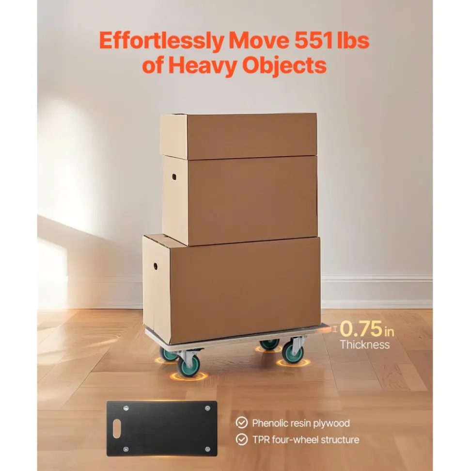 VEVOR Furniture Dolly, 551 lbs Load Capacity, Furniture Moving Dollies with 4 TPR Silent Wheels, Rectangle Multifunctional Flat Dolly for Piano Furniture Couch Washing Machine Fridge, 2 Pack, Black