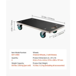 VEVOR Furniture Dolly, 551 lbs Load Capacity, Furniture Moving Dollies with 4 TPR Silent Wheels, Rectangle Multifunctional Flat Dolly for Piano Furniture Couch Washing Machine Fridge, 2 Pack, Black