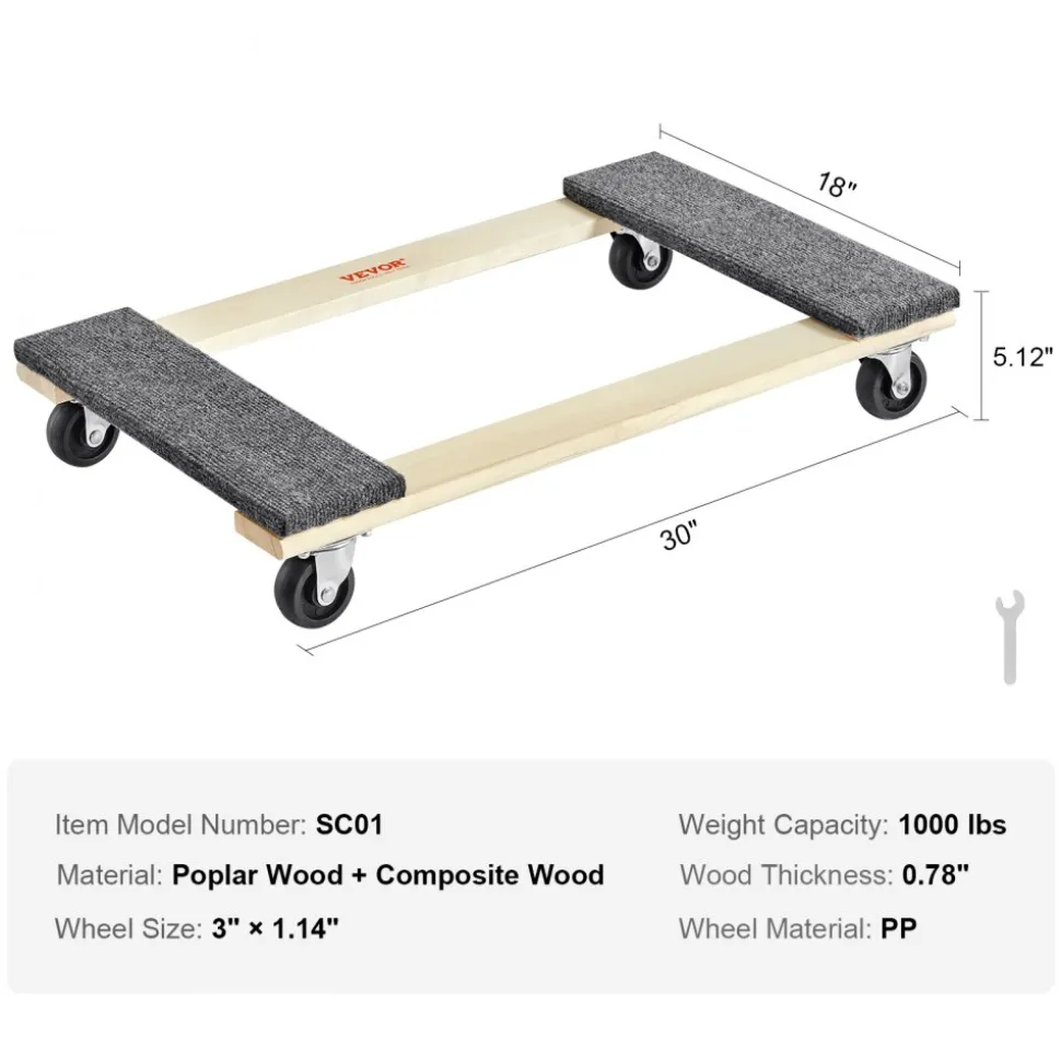 VEVOR Furniture Dolly, 1000 lbs Load Capacity, 18" x 30", 4 x 3" PP Swivel Casters, Heavy Duty Hardwood Furniture Moving Dolly, Mover's Dolly, Moving Cart with Wheels for Heavy Furniture Home Cleaning